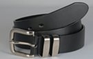 big black 1-1/2" cut leather strap belt with nickel polish buckle and double 1/2" nickel brush retainer loops