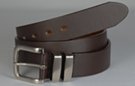 big brown 1-1/2" cut leather strap belt with nickel polish buckle and double 1/2" nickel brush retainer loops