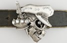 belt buckle, skull with hat, dagger and brass knuckles