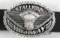 Stallions of the Highway anthem oval belt buckle with V-twin engine over wings