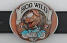 circular painted pewter "Hog Wild" motorcycle belt buckle with hogs head