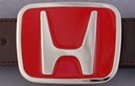 enameled belt buckle, Honda "H" in chrome on red