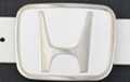 enameled belt buckle, Honda "H" in chrome on white