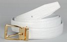 white crocodile embossed dress belt with gold buckle