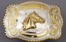 silver and gold tone rodeo bull rider western belt buckle