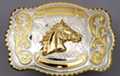 silver and gold tone rodeo bull rider western belt buckle