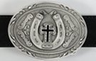 oval pewter western belt buckle with black enamel cross inside horseshoe