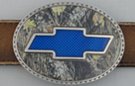 blue chevy bowtie on forest scene oval belt buckle