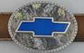 blue chevy bowtie on forest scene oval belt buckle