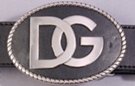 oval belt buckle, chrome interlocking "D" and "G" letters against black vinyl