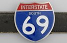 I-69 south sign belt buckle in red white and blue