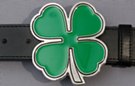 belt buckle, bright green four leaf clover trimmed in chrome