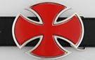 red iron cross biker buckle, chrome with inlay