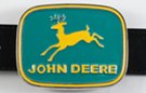 belt buckle, John Deere name and deer logo in yellow on Persian green