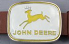 belt buckle, John Deere name and deer logo in green on white