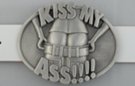 "kiss my ass" belt buckle with illustrative buns