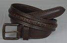 dark brown oil-tanned leather belt with lacing and blackened brass buckle