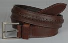brown oil-tanned full-grain leather belt with ornamental braid along center of, brass buckle and leather keeper