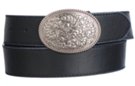 silver oval western buckle on black leather-look belt strap