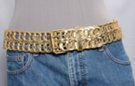 2" belt consists of two rows of interlocking bonded leather loops laced together by a central thong, gold finish, antique gold double prong roller buckle