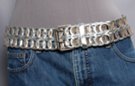 2" belt consists of two rows of interlocking bonded leather loops laced together by a central thong, metallic silver finish, nickel polish double prong roller buckle