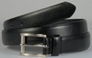 black feather edge leather dress belt with grain finish, rectangular nickel polish buckle and leather keeper