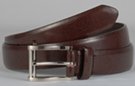 glossy brown feather edge leather dress belt with grain finish, rectangular nickel polish buckle and leather keeper