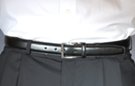 1-1/8" black single stitch leather dress belt, oil tan finish, rectangular 1-1/2" nickel polish buckle with leather keeper