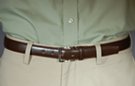 1-1/8" brown single stitch leather dress belt, oil tan finish, rectangular 1-1/2" nickel polish buckle with leather keeper