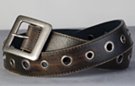 distressed leather belt with single row of nickel eyelets and pewter center bar buckle