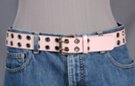 1-1/2" pink leather belt with two rows of 1/2" metal eyelets, nickel polish double prong roller buckle and plain leather retainer loop