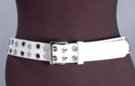 1-1/2" white leather belt with two rows of alternating stars and eyelets, nickel polish double prong buckle and plain leather keeper