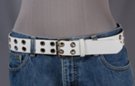 1-1/2" white leather belt with two rows of 1/2" metal eyelets, nickel polish double prong roller buckle and plain leather retainer loop