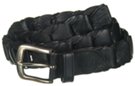 1-1/4" black leather loop belt, nickel polish buckle and stitched leather retainer