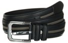 black leather belt with web trim and nickel buckle