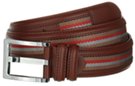 brown leather belt with web trim and nickel buckle