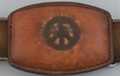 distressed leather loaf belt buckle with peace sign