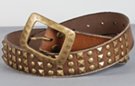 brown distressed leather belt with triple rows of hobnail and pyramid studs, pewter center bar buckle
