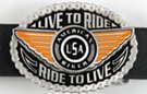 Live to Ride motto medallion and wing biker belt buckle