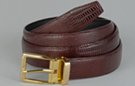 burgundy lizard skin embossed dress belt with gold buckle