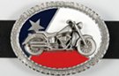 red, white, blue and pewter oval belt buckle with 3-D motorcycle on Texas flag