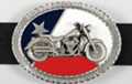 red, white, blue and pewter oval belt buckle with 3-D motorcycle on Texas flag