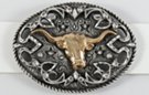 oval pewter and brass western belt buckle, Texas longhorn with cut-outs and shiny cut-aways