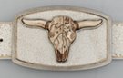 longhorn skull on cracked white leather semi-oval belt buckle