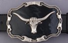 belt buckle, chrome longhorn on black enamel field with western scroll edge