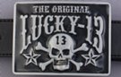 black and gray "Lucky-13" belt buckle with skull and crossbones