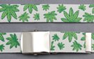 military web belt, marijuana leaves on white canvas with buckle