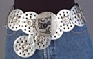 silver PVC discs with eyelets and concho leafed together tipped by etched medallion hook buckle