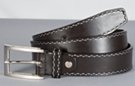 medium square cut leather belt with black and white edge stitching and raised chrome buckle