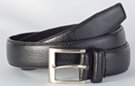 black 1-1/4" single stitch grain leather belt, nickel polish buckle and stitched leather retainer loop